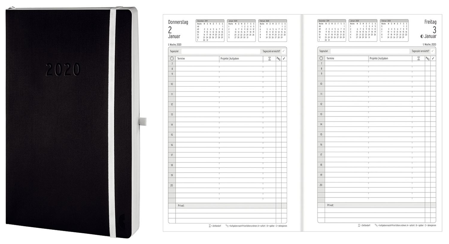 Tageskalender - A5, Softcover, schwarz, 1 Tag / 1 Seite